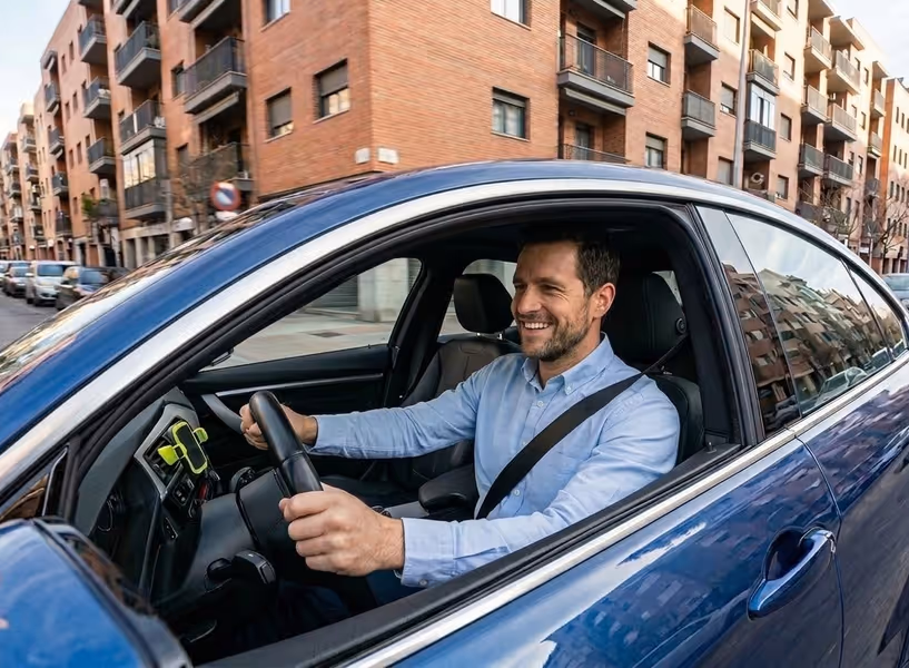 Een man rijdt in zijn auto door de stad