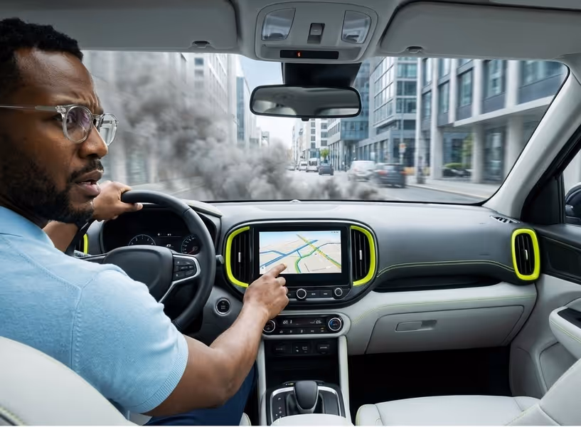 Man in een auto met een rokende motor