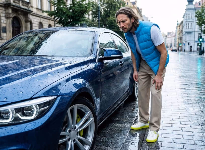 Man kijkt naar hagel op zijn auto