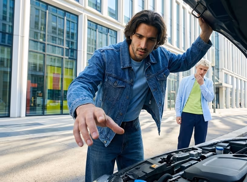 een man kijkt onder de motorkap