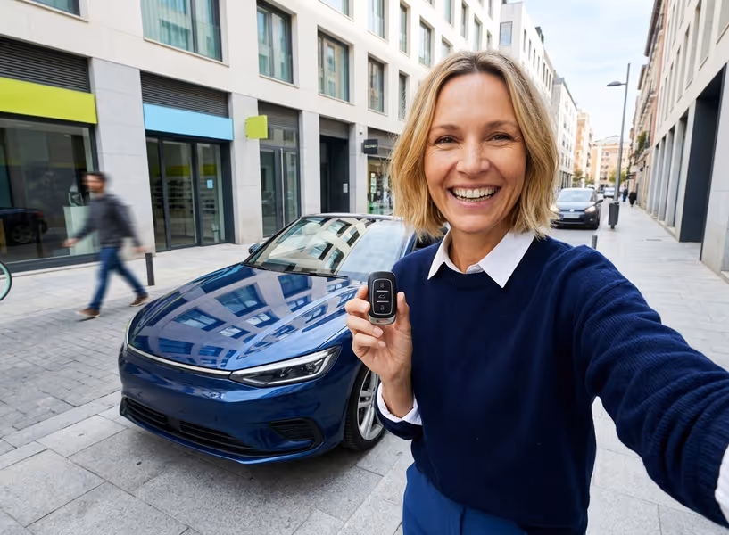 Vrouw laat vrolijk haar autosleutel zien