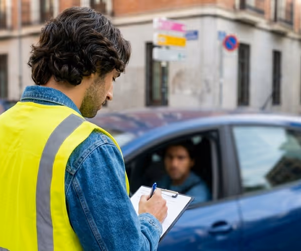 Een man in een geel hesje deelt een boete uit aan een automobilist