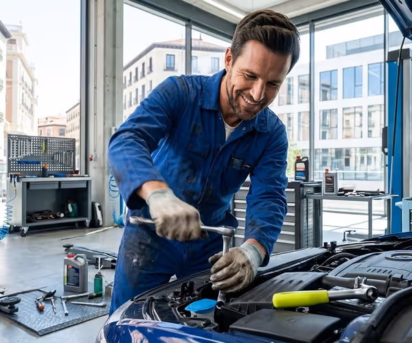 Een man sleutelt in een garage onder de motorkap van een auto