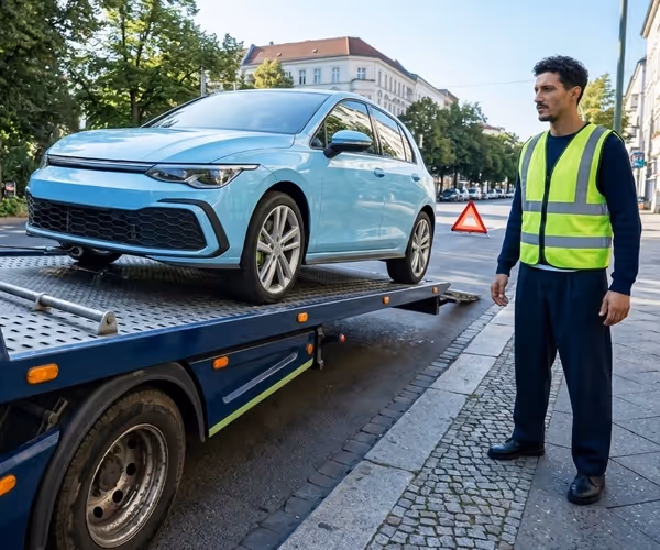 Een man takelt een auto met pech op een oplegger