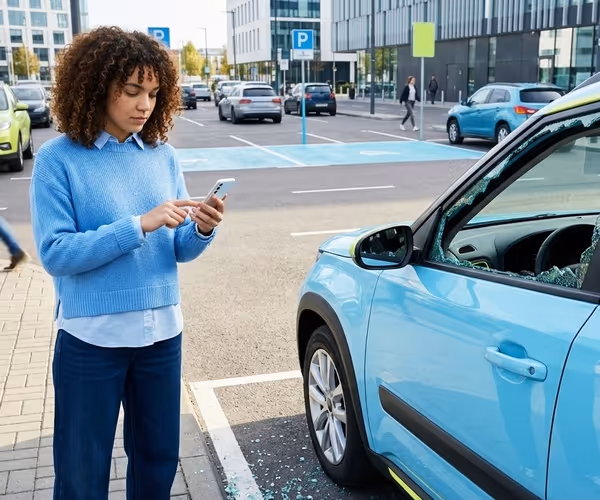 Een vrouw staat naast haar auto met een ingeslagen ruitje