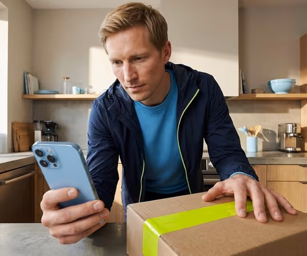 Een man kijkt op zijn telefoon en heeft in zijn andere hand een pakketje