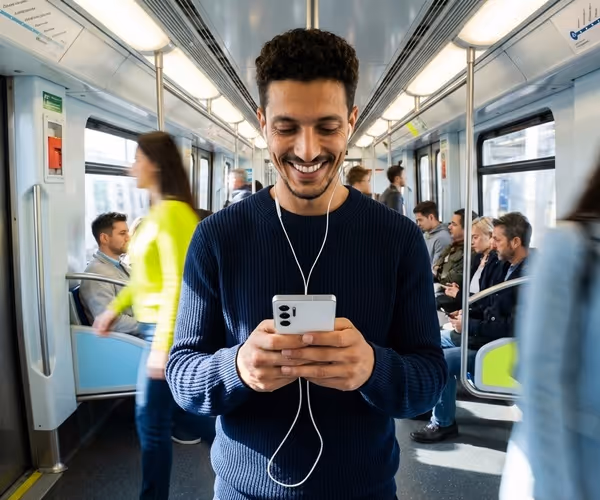 Een man staat met zijn smartphone in de metro