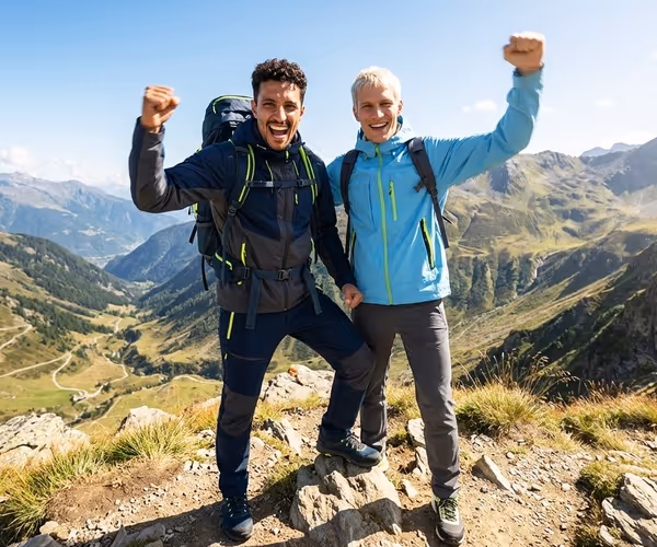 Twee mannen staan lachend en trots bovenop een berg